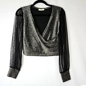 Metallic Cropped Top Sheer Mesh Long  Sleeve.